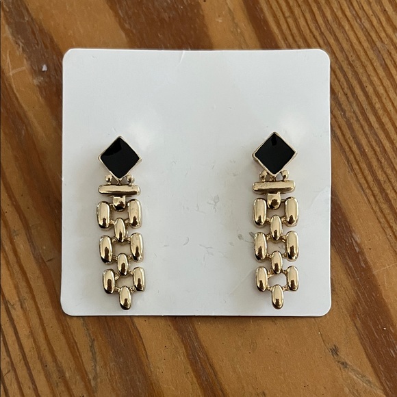 Gold tone/black glass articulated dangle earrings, EUC - Picture 2 of 2